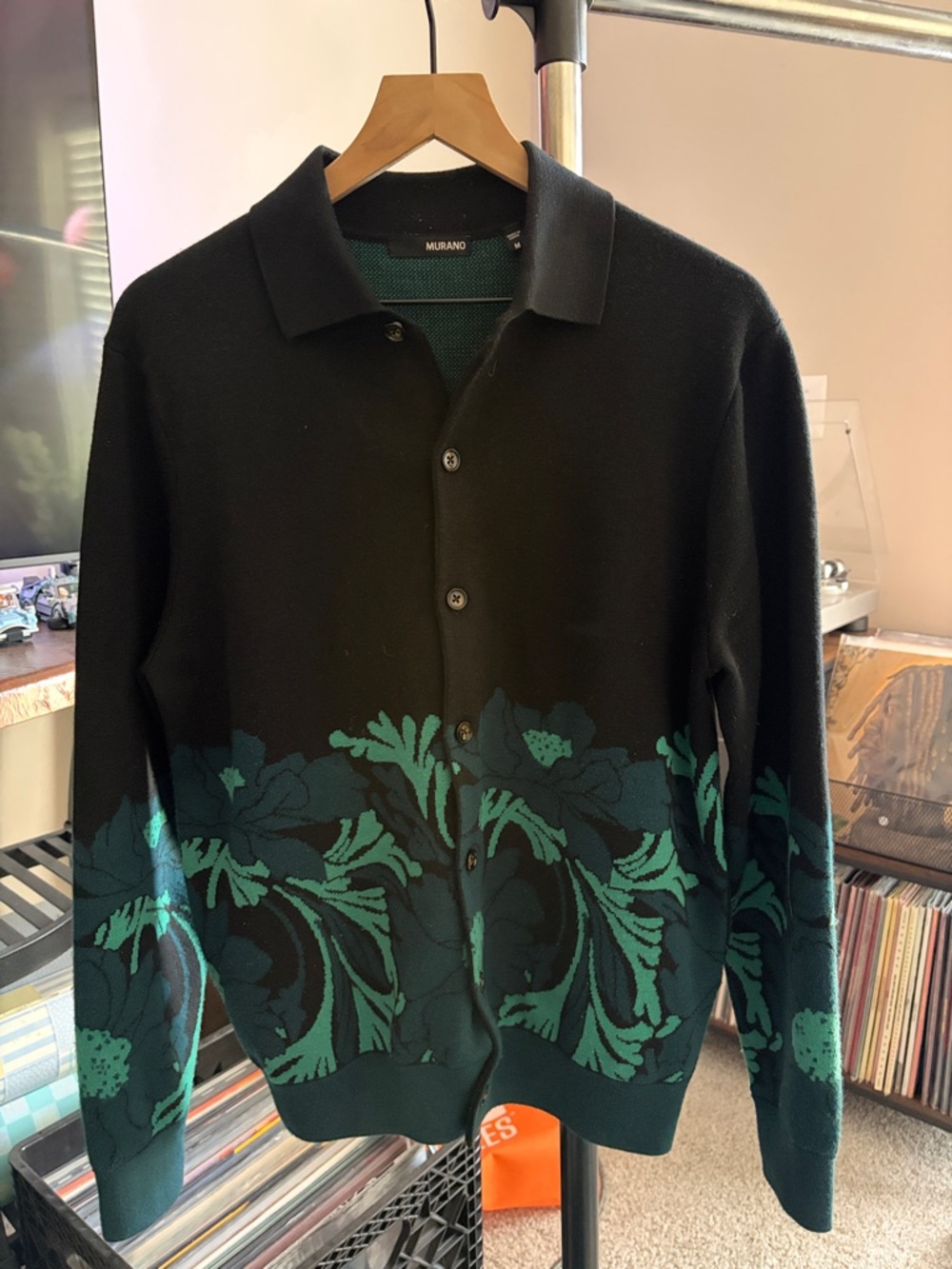 Murano Black Cardigan with Green Jacquard Floral